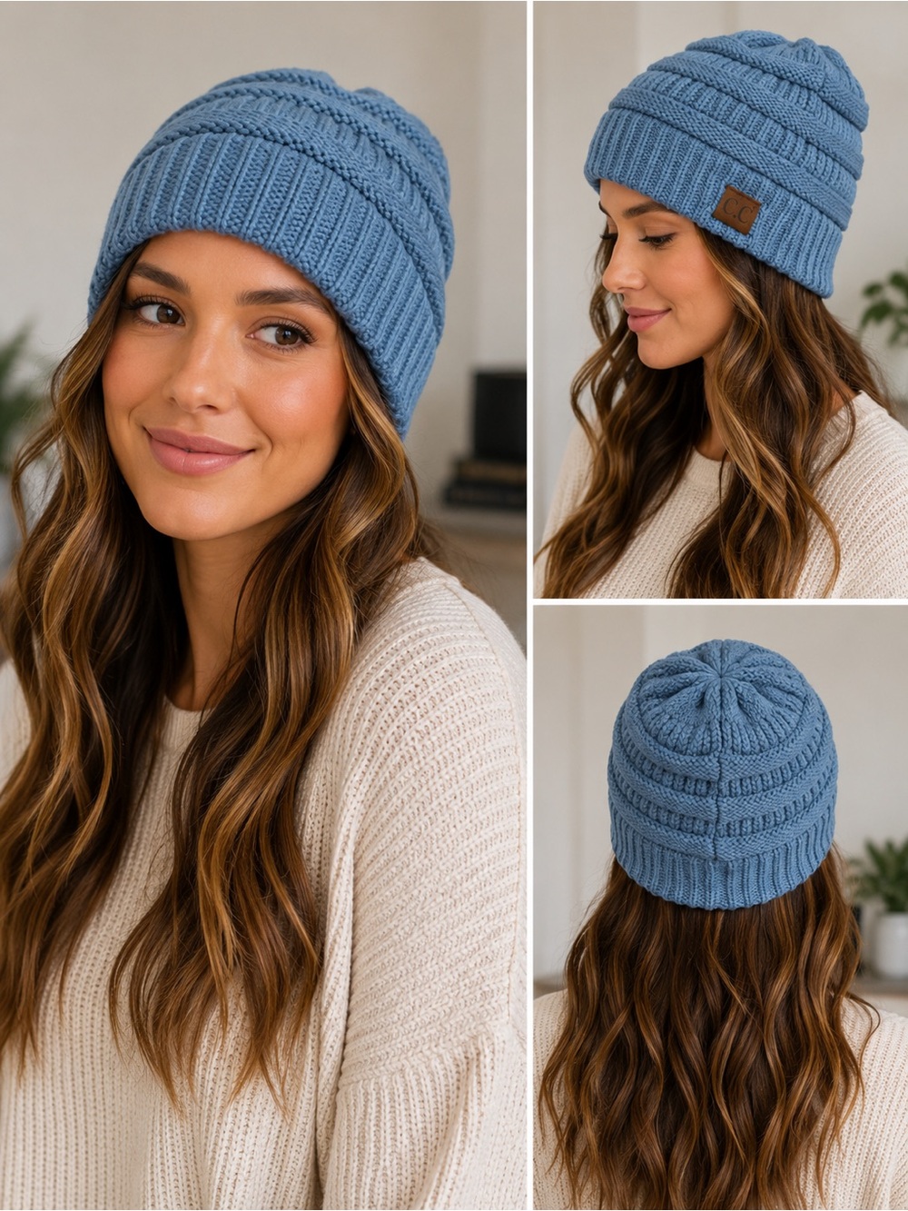C.C Steel Blue Ribbed Knit Beanie Hat NWT